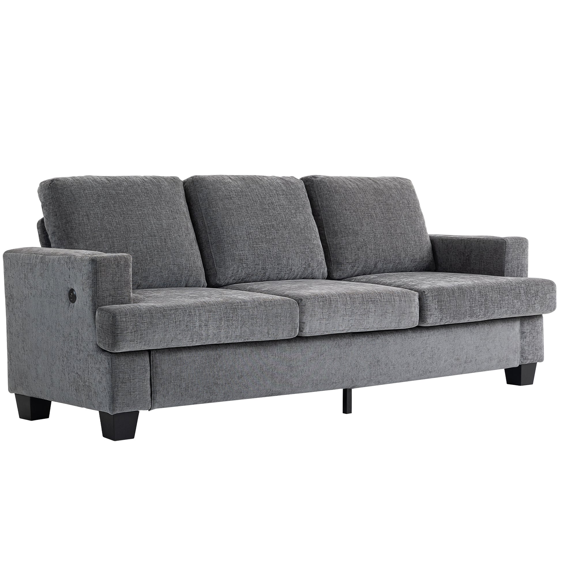 HOMCOM 3-Seater Grey Chenille Sofa with USB Ports and Dual Cup Holders