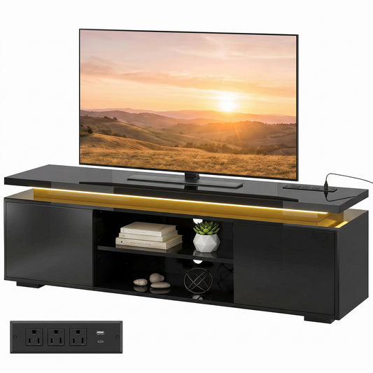 HOMCOM TV Stand LED Lights, Power Outlets, High Gloss Black