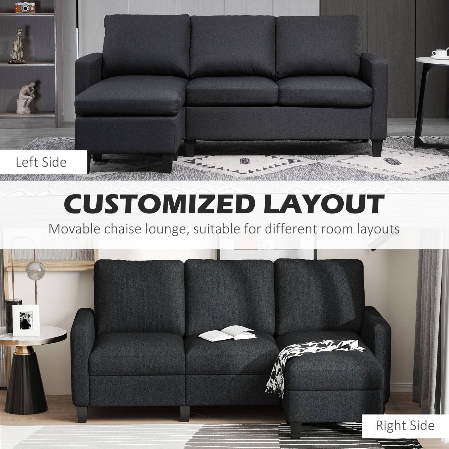 HOMCOM Modern L-Shape Sectional Sofa, Reversible Chaise, Dark Grey Fabric