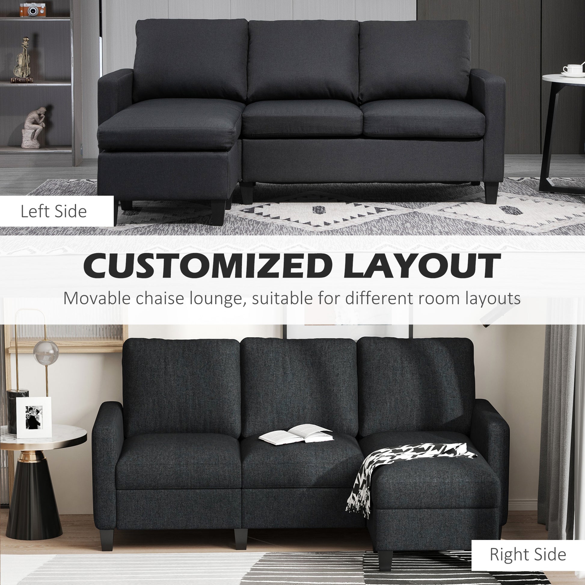 HOMCOM Modern L-Shape Sectional Sofa, Reversible Chaise, Dark Grey Fabric