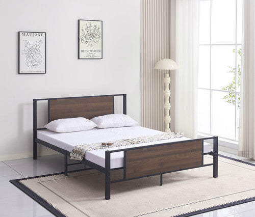 IF-5275 Black Steel Bed Frame with Wood Accents – Modern Industrial Design