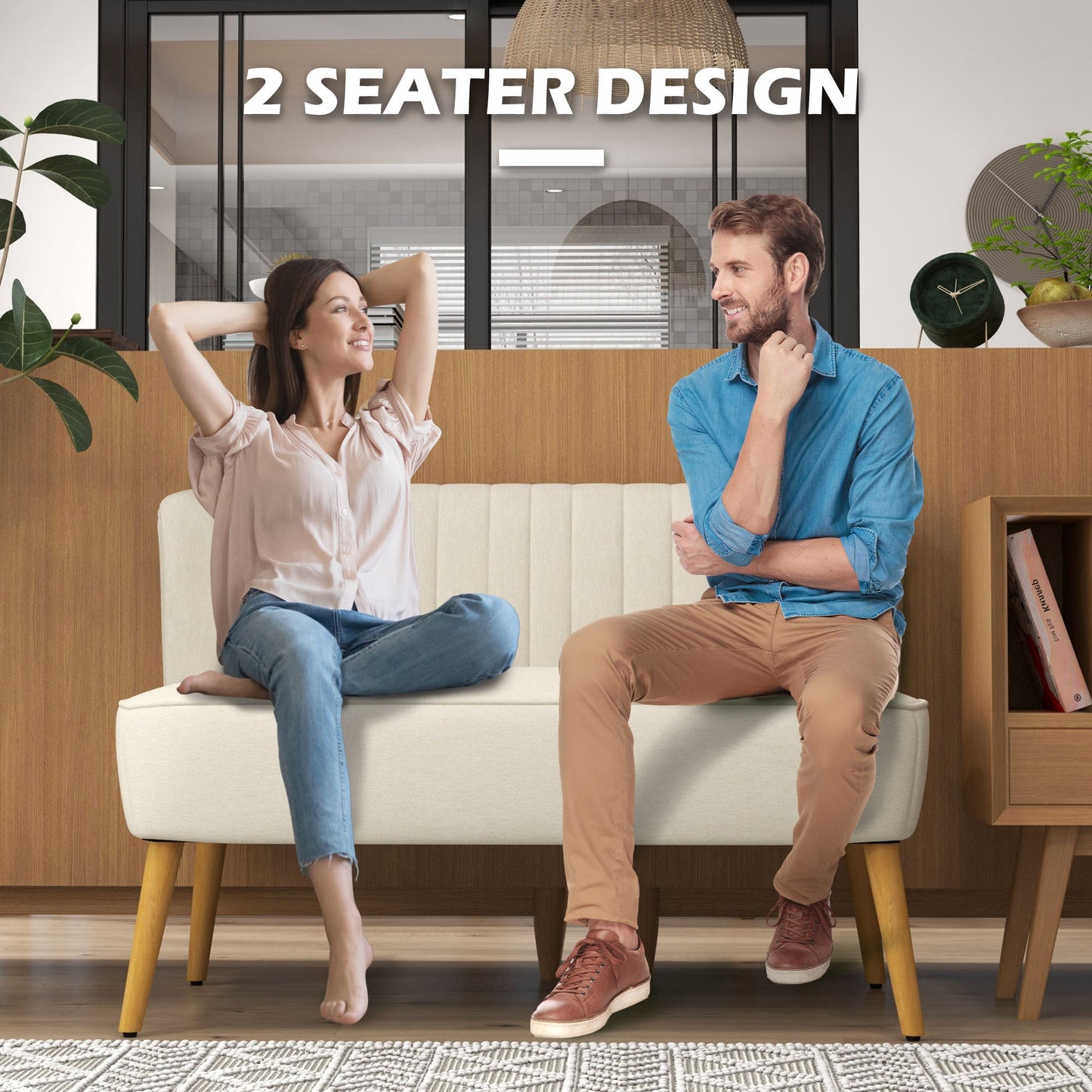 HOMCOM Modern Upholstered 2-Seat Loveseat Sofa, Cream White, Rubber Wood Legs