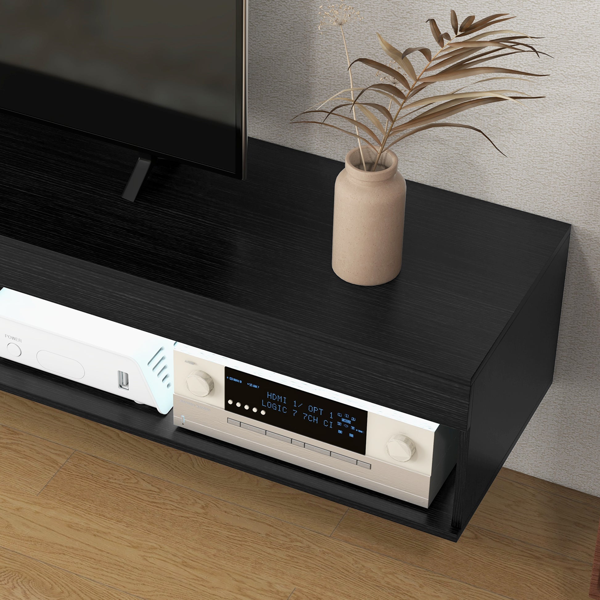 HOMCOM Modern Floating Wall Mounted TV Stand with LED Lights, Storage, Black