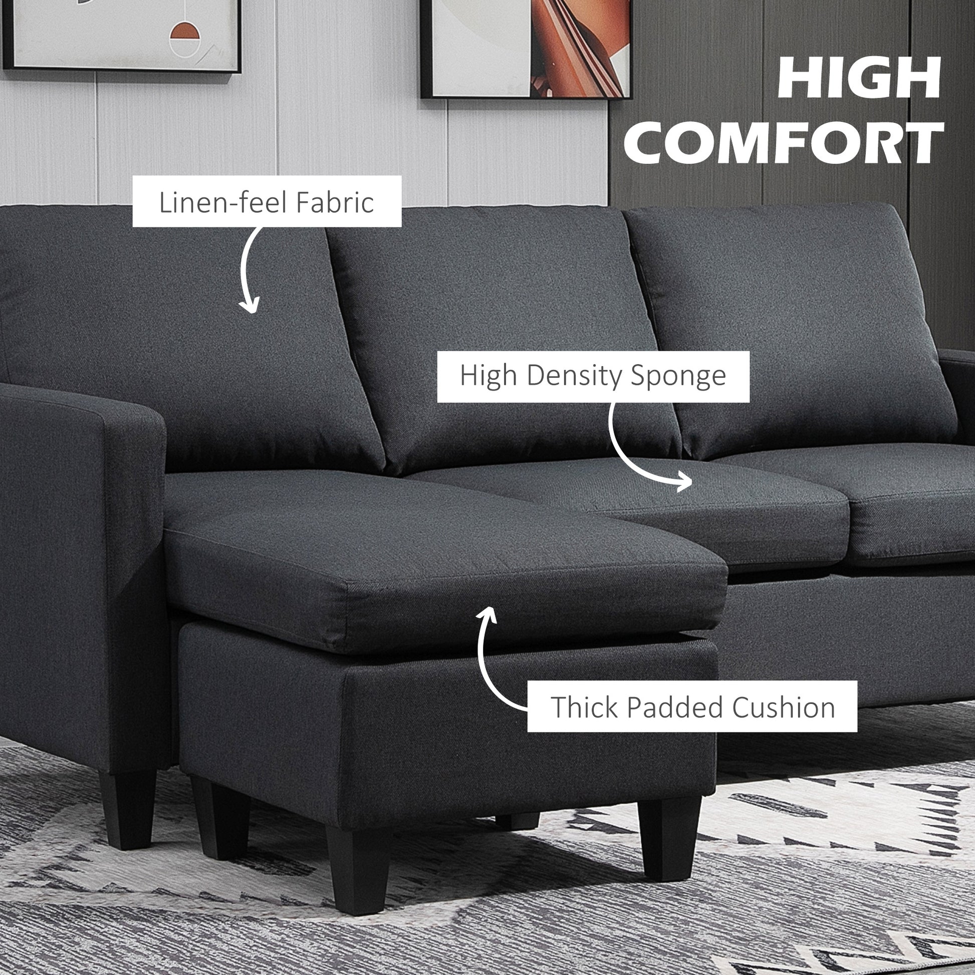 HOMCOM Modern L-Shape Sectional Sofa, Reversible Chaise, Dark Grey Fabric