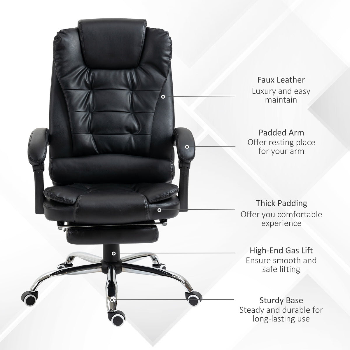 Ergonomic High-Back Executive Office Chair with Retractable Footrest, Black PU Leather