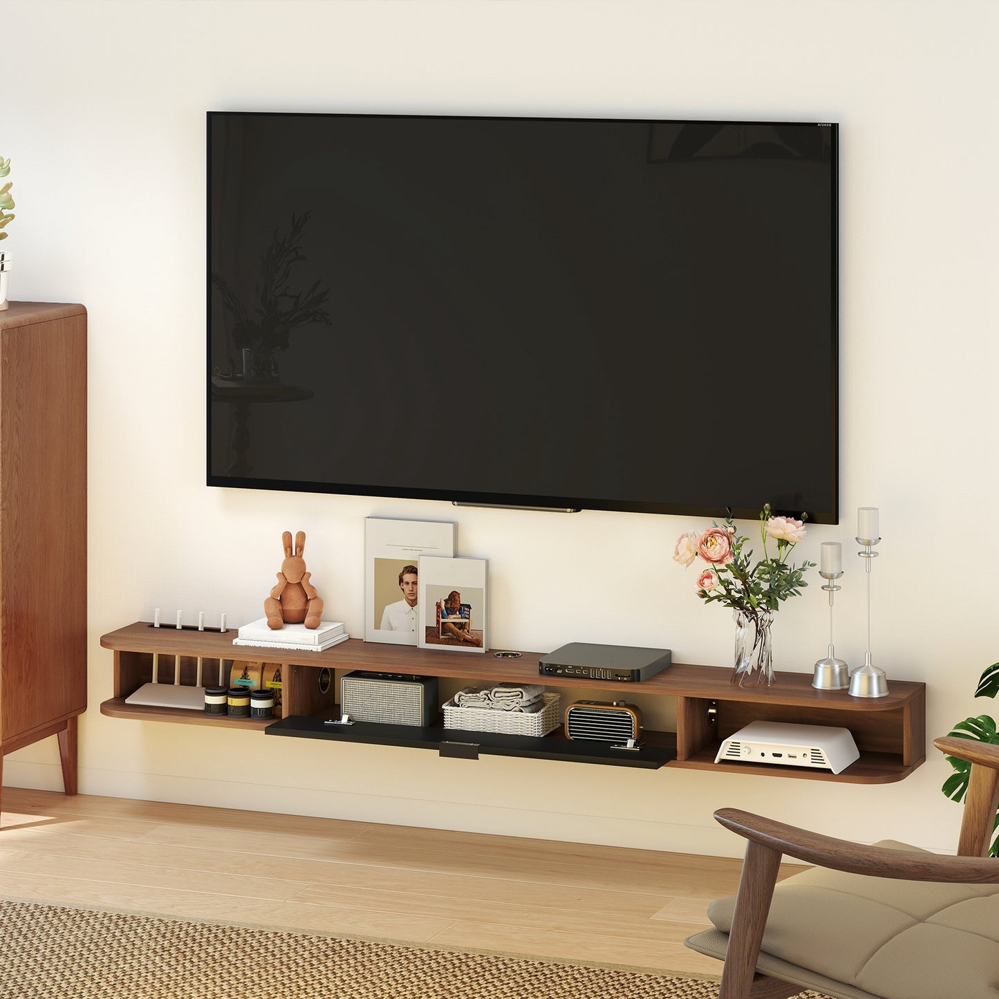 HOMCOM 71-Inch Floating TV Stand, Wall Mounted Media Console, Walnut Finish