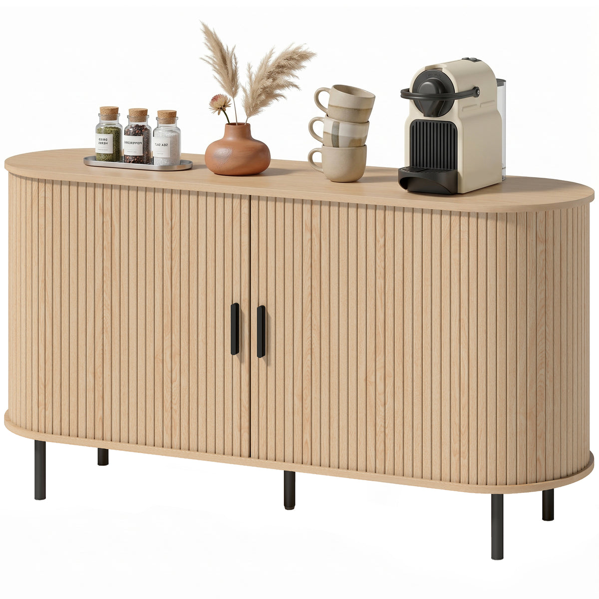 Mid Century Coffee Bar Cabinet with Sliding Doors and Adjustable Shelves – 55"W x 30"H