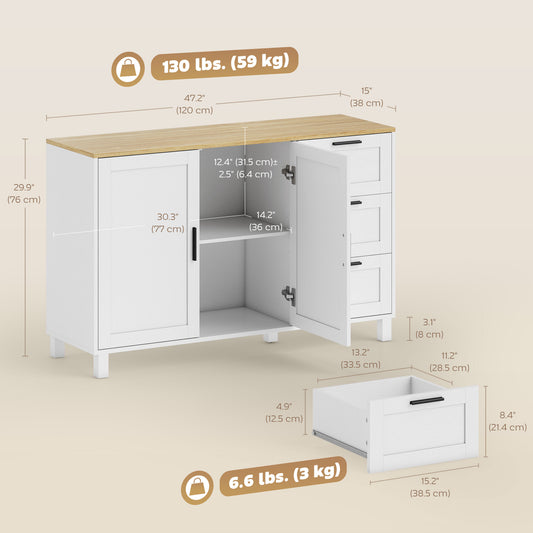 Buffet Cabinet with 3 Drawers and Soft-Close Doors – 47"W x 30"H