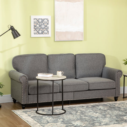 Modern Grey Linen Fabric 3-Seater Sofa Couch with Studded Trim & Rolled Arms