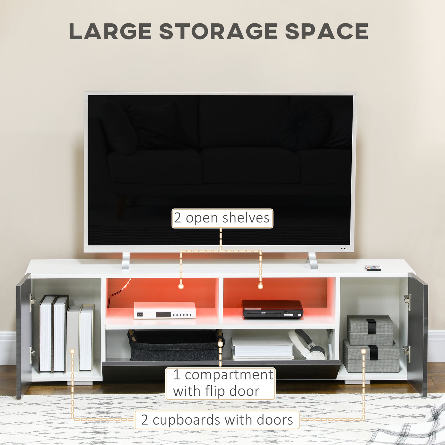 HOMCOM Modern Grey TV Stand for 60-inch TVs, LED Lights, Storage & Media