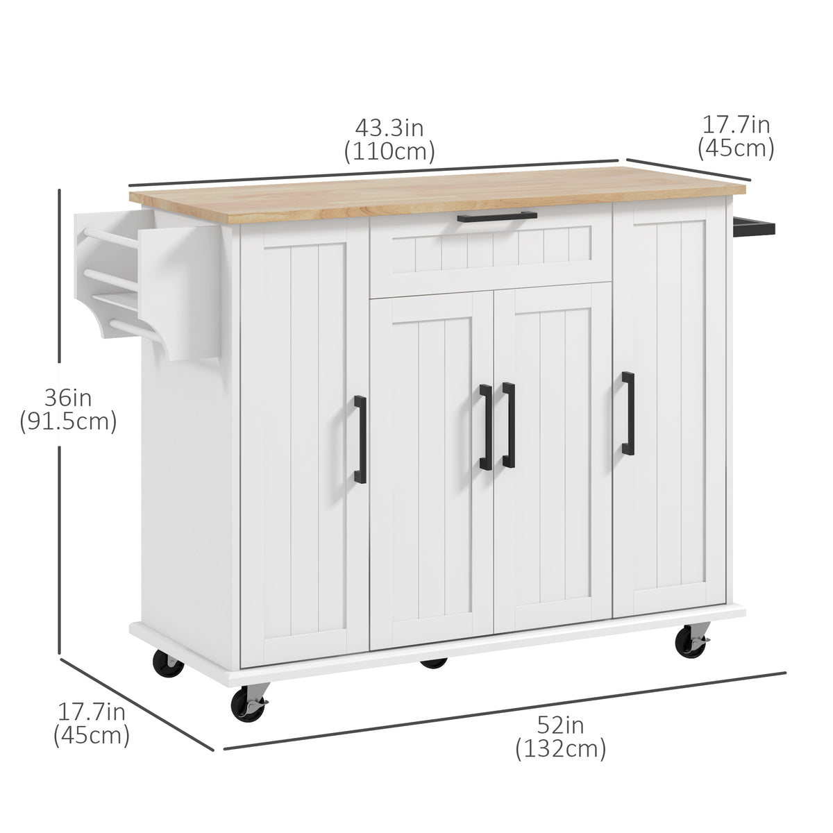 Modern Rolling Kitchen Island Cart with Drawers – 52"W x 36"H