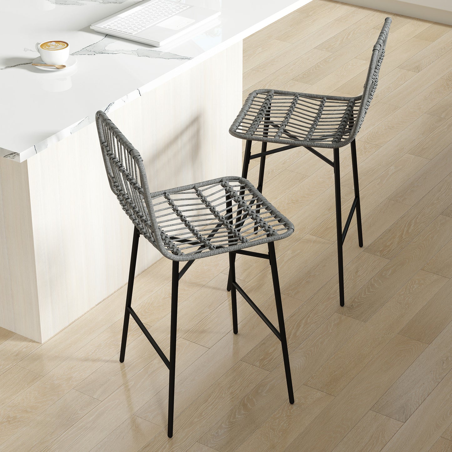 HOMCOM Modern Grey Rattan 26-inch Counter Height Bar Stools Set of 2