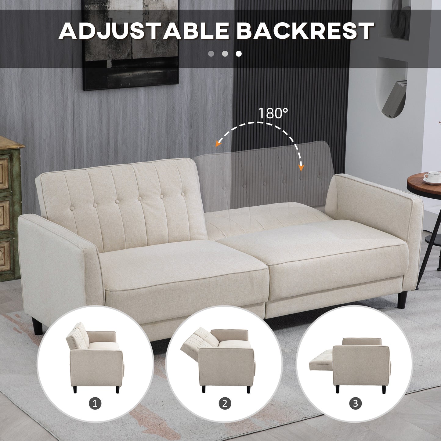 HOMCOM Button Tufted Fabric Pull Out Sofa Bed with Adjustable Back