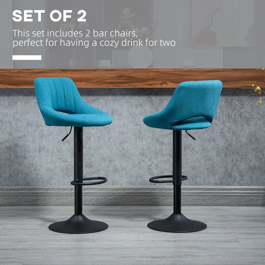 HOMCOM Set of 2 Swivel Blue Linen Adjustable Height Bar Stools