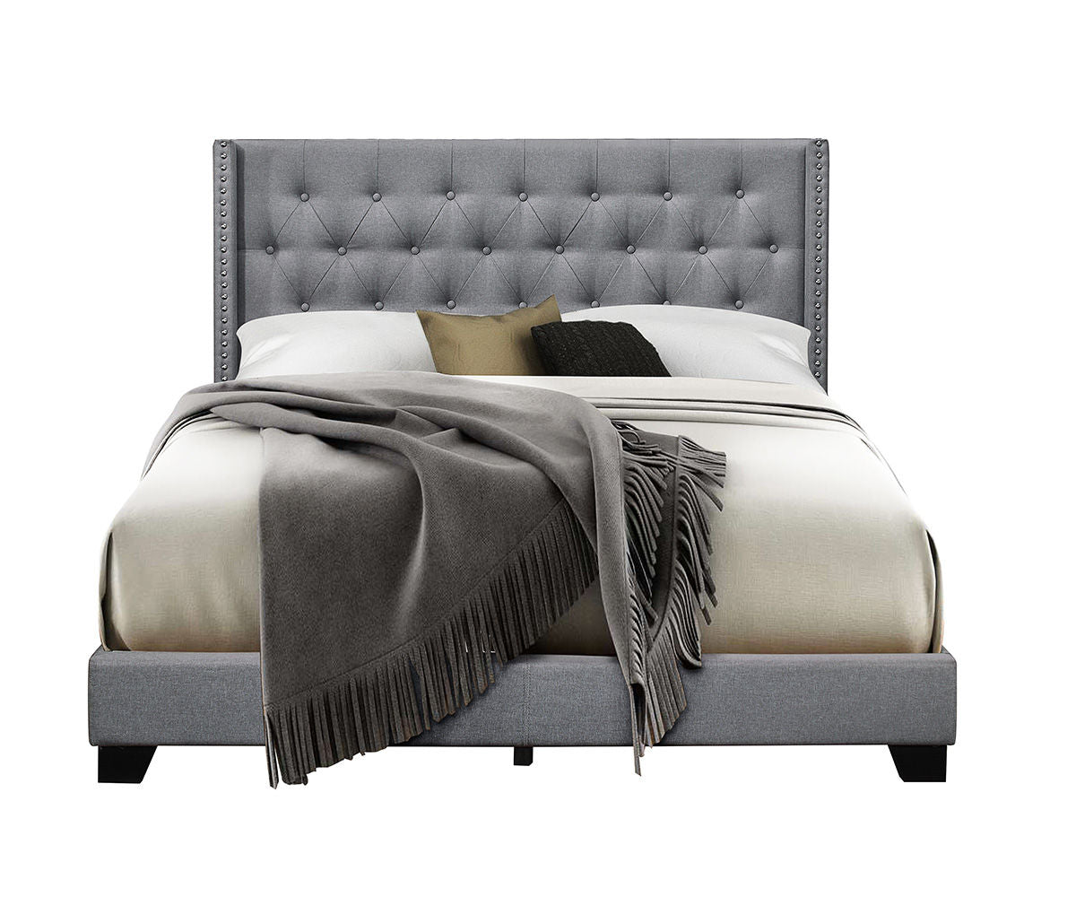 Elegant Jomar King Size Upholstered Bed, Button Tufted, Nailhead Trim, Solid Wood
