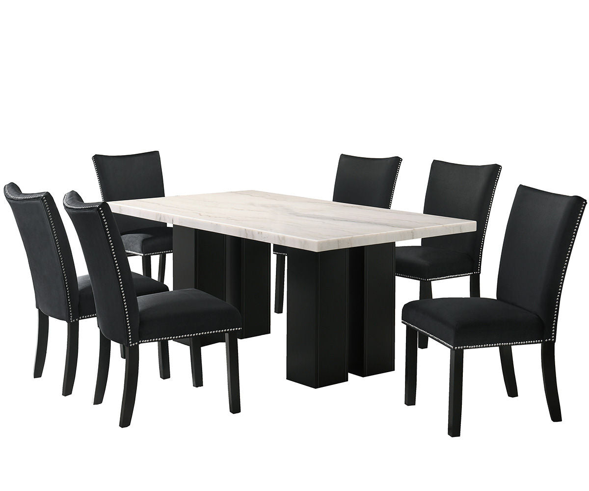 Lantana Modern Black Marble Top Dining Set with Six Velvet Chairs