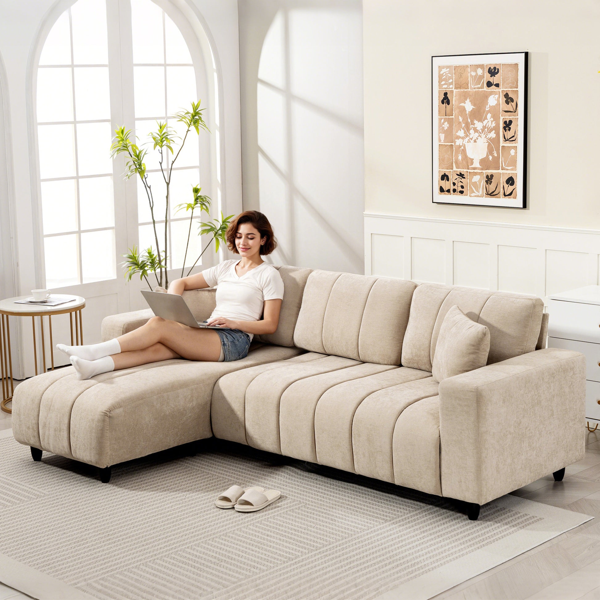 HOMCOM Beige 3-Seater L-Shaped Sectional Sofa with Changeable Chaise, Spring Cushions