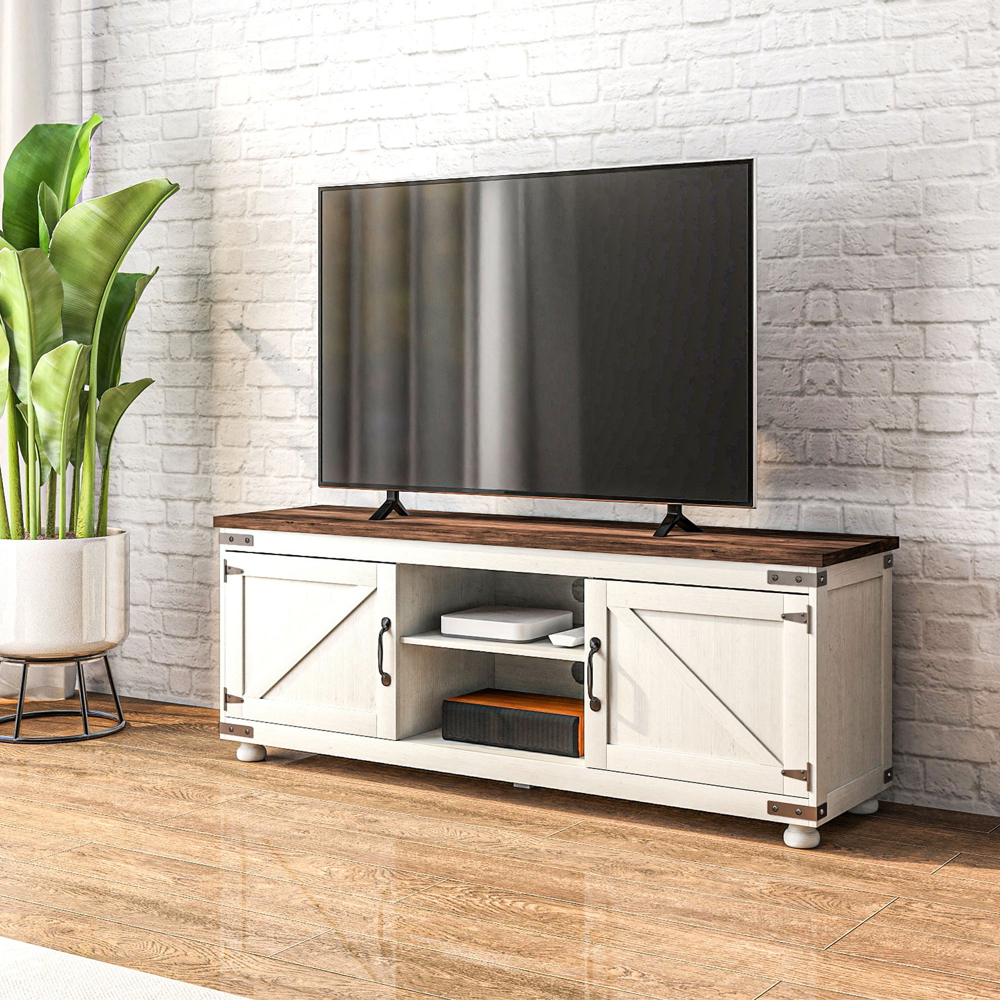 HOMCOM Farmhouse 65-inch TV Stand, Barn Doors, Cable Management, Distressed White