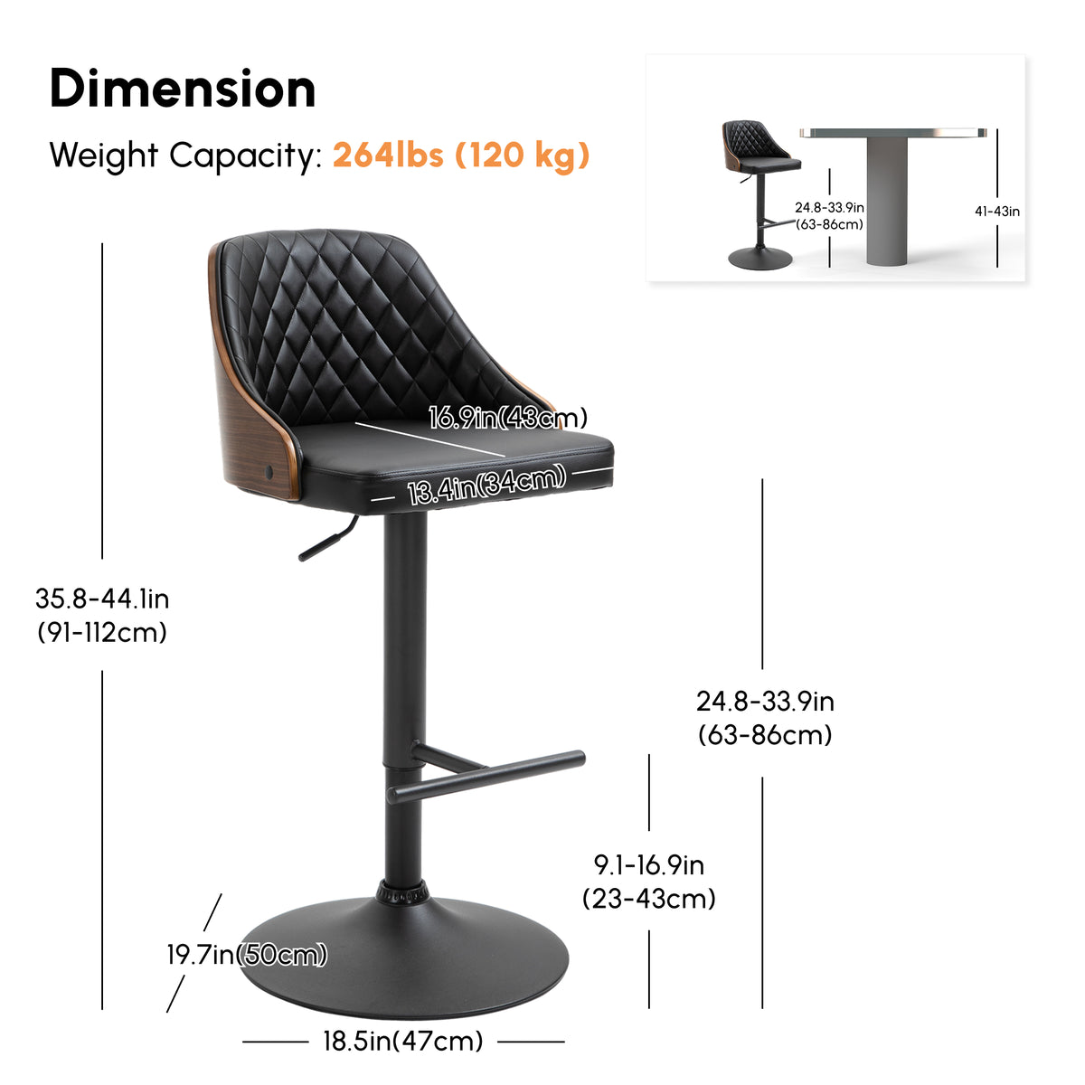 PU Leather Swivel Bar Height Stools with Wood Back, Adjustable, Set of 2, Black