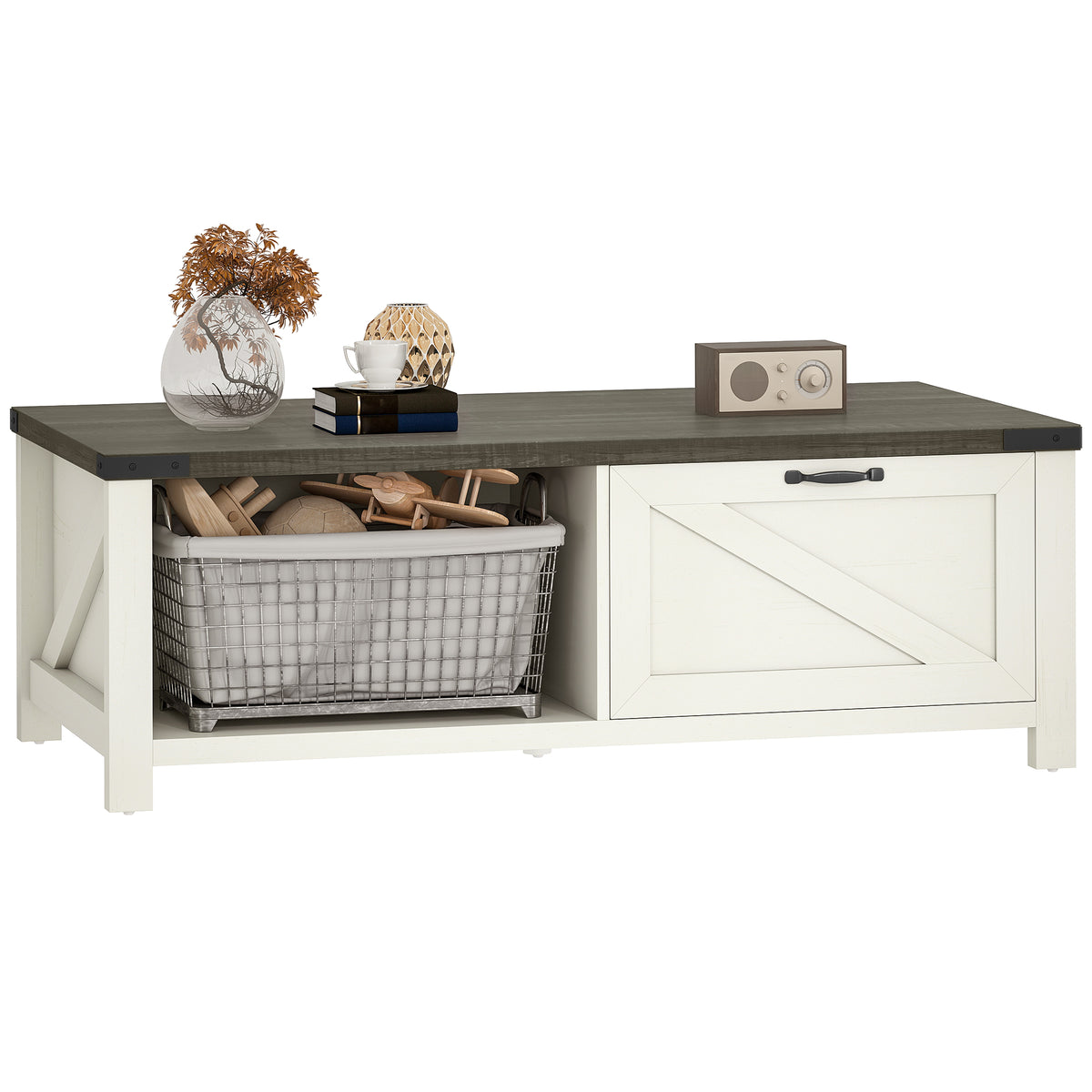 Farmhouse Coffee Table with Barn-Door Drawer and Open Shelf, Distressed White