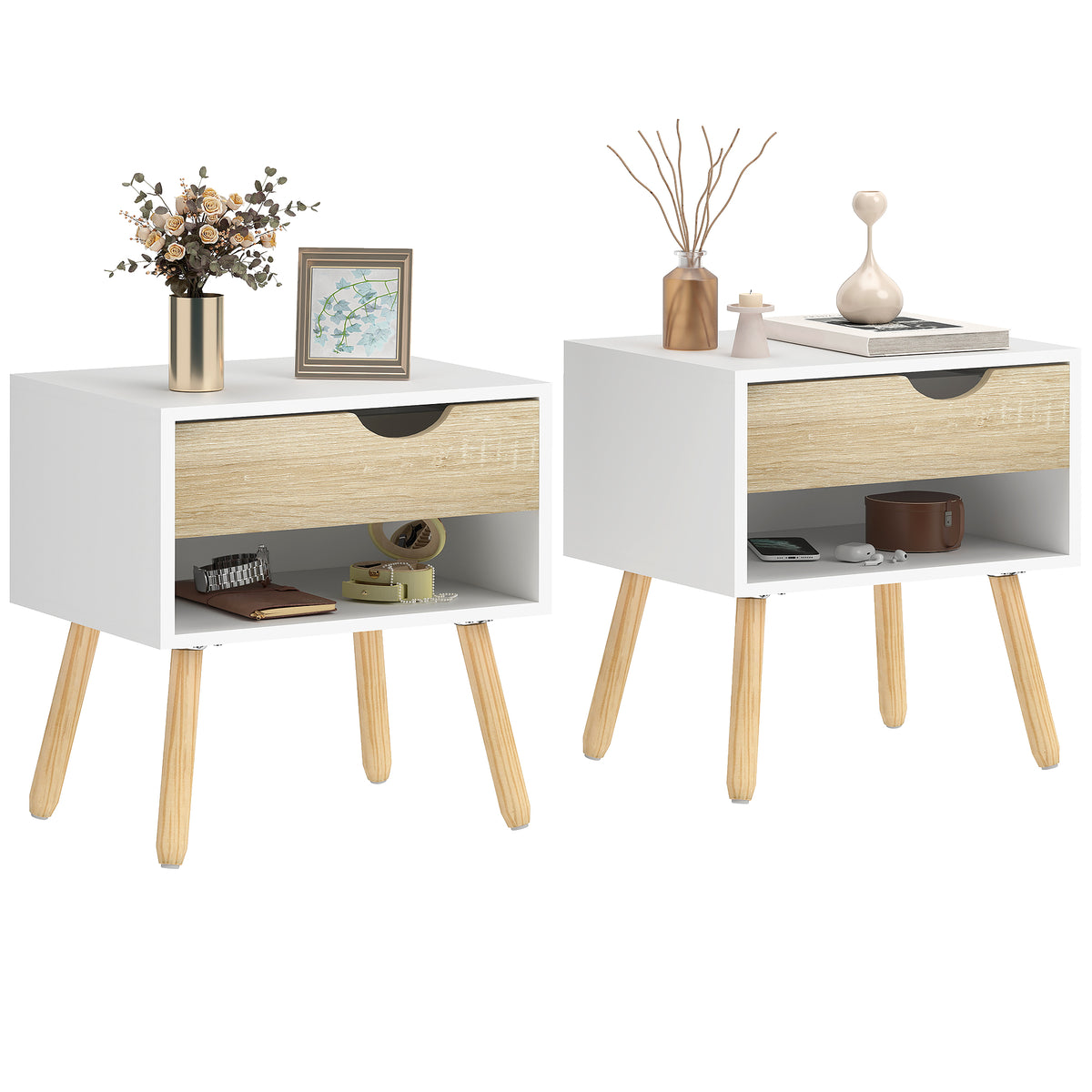 Nightstands with Drawer, Shelf and Wood Legs, Set of 2 – 20"W x 20"H