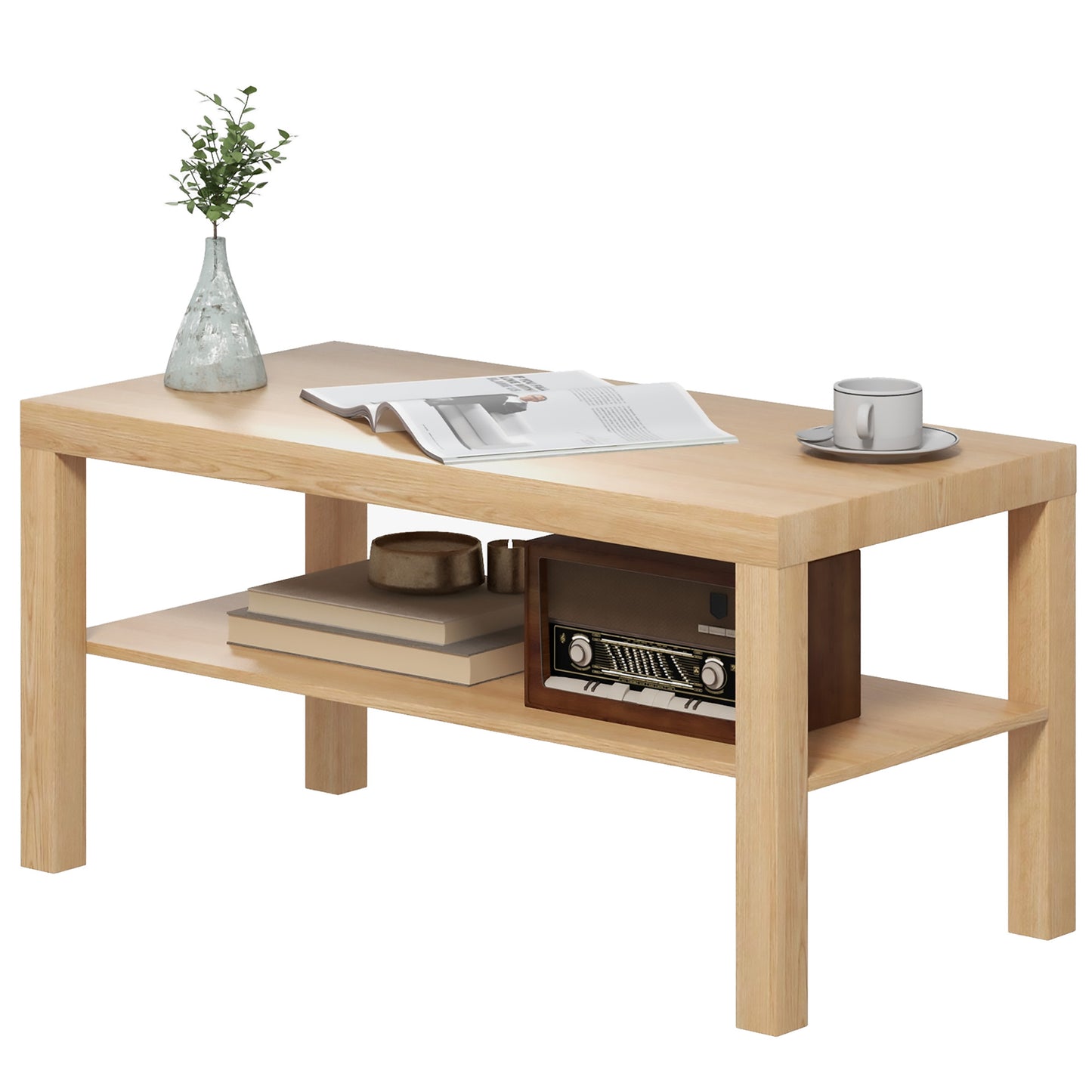 HOMCOM 2-Tier Rectangular Coffee Table with Storage Shelf, Natural Wood Finish