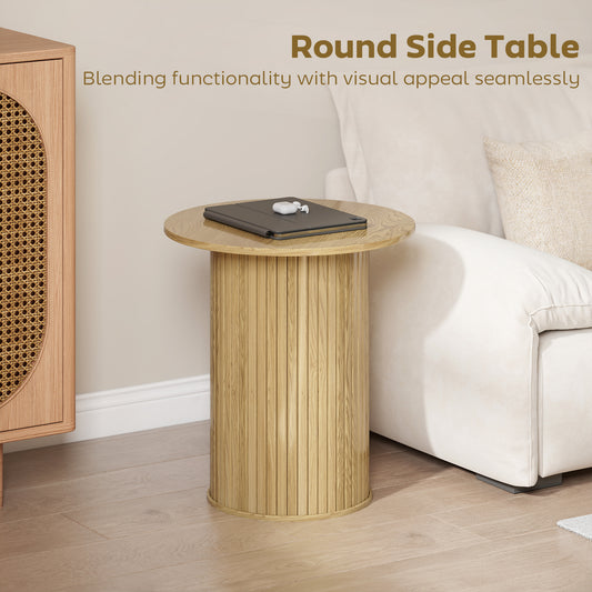 HOMCOM Round Fluted Side Table, Narrow Nightstand for Small Spaces, Oak Finish