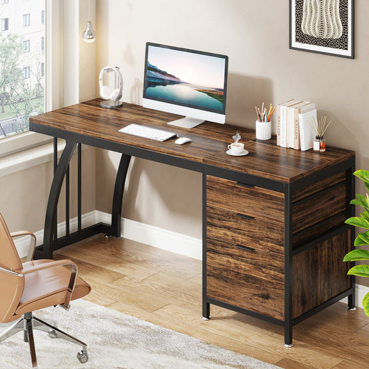 Industrial Computer Desk, 59" Study Desk with Reversible Drawer Cabinet