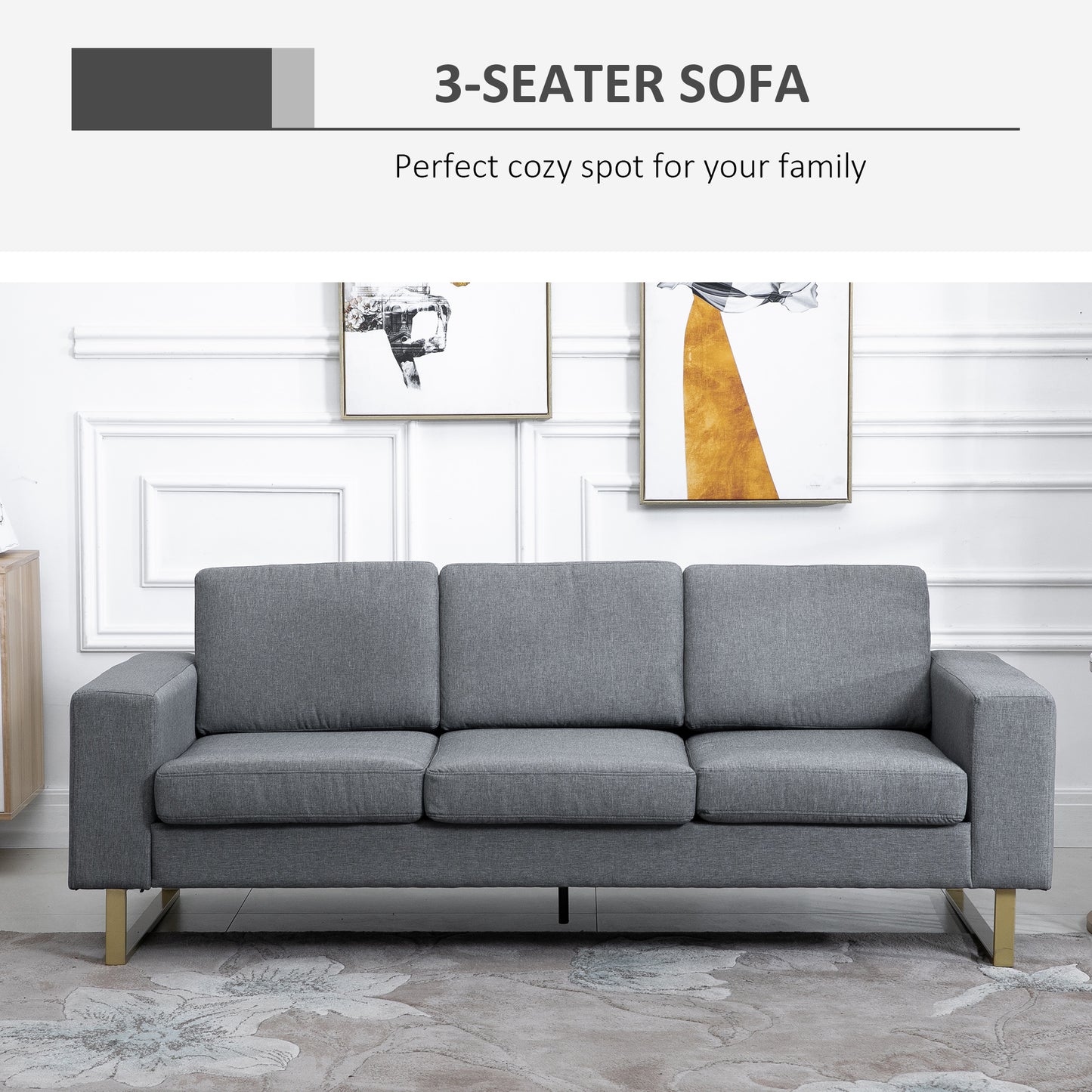 Modern Three-Seat Linen Upholstered Sofa with Steel Legs, Padded Cushions, Grey