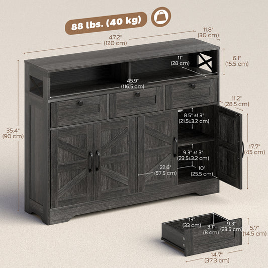 Buffet Cabinet with 4 Barn Doors and 3 Drawers – 47"W x 35"H