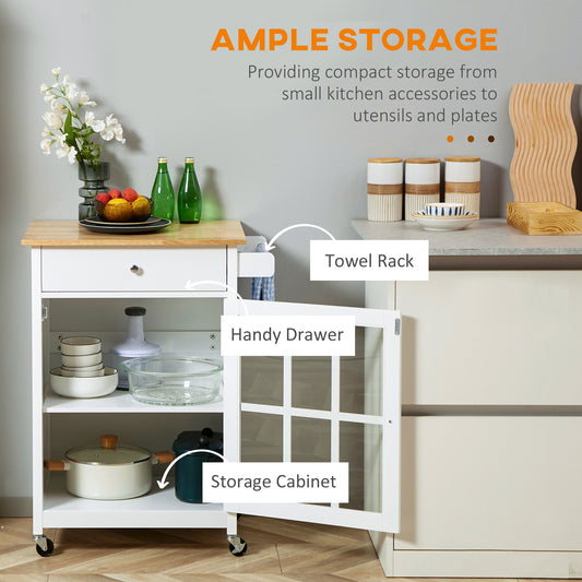 Rolling Kitchen Cart with Drawer and Glass Door Cabinet – 27"W x 34"H