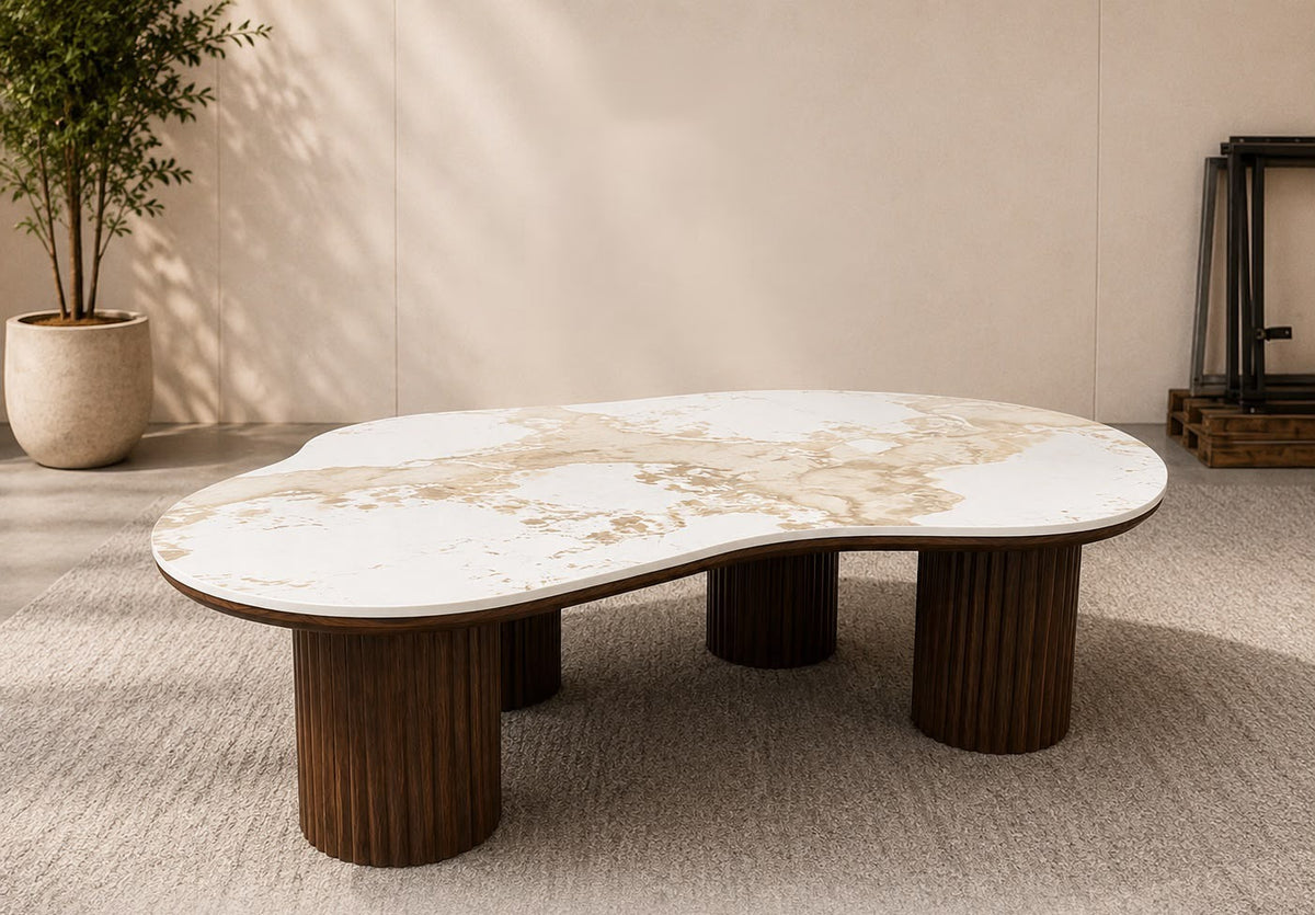 Jenna organic-shape marble-look coffee table with fluted walnut legs