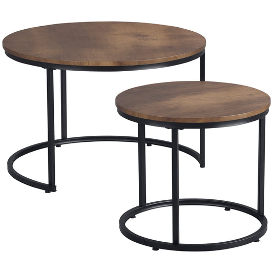 HOMCOM Round Nesting Tables Set of 2, Stacking Coffee Tables, Rustic Brown Metal Frame