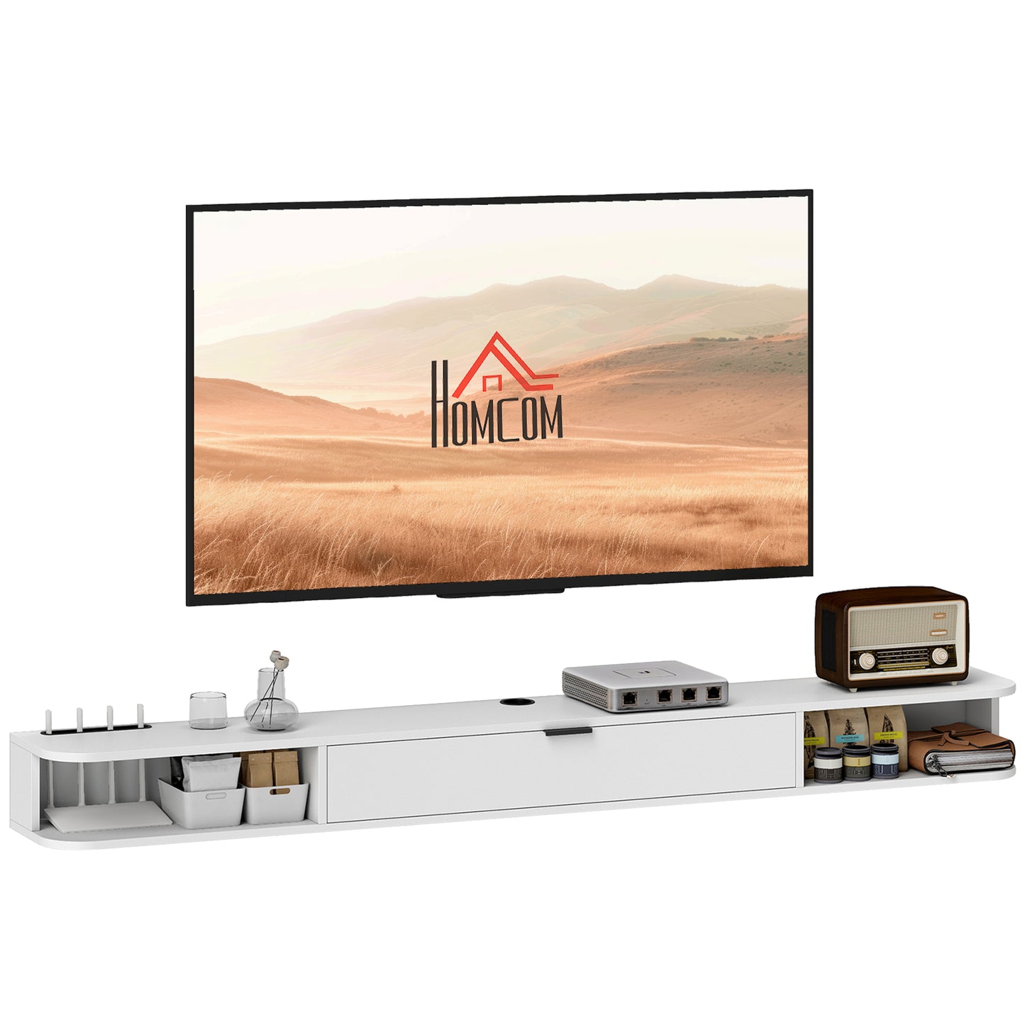 HOMCOM 71-inch Floating TV Stand Wall Mounted Media Console with Flip Drawer, 2 Open Shelves, White Wood Grain