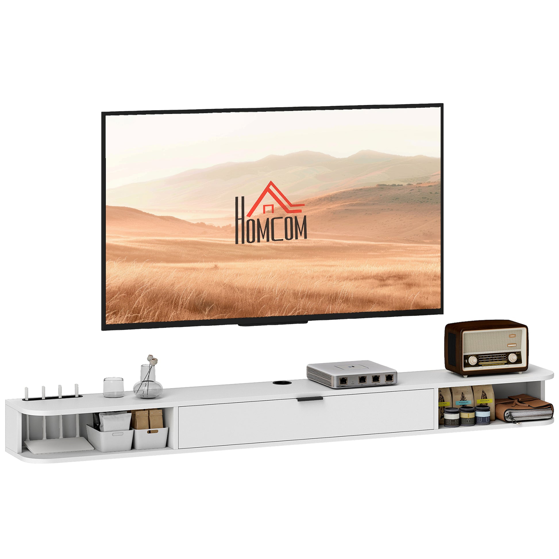 HOMCOM 71-inch Floating TV Stand Wall Mounted Media Console with Flip Drawer, 2 Open Shelves, White Wood Grain