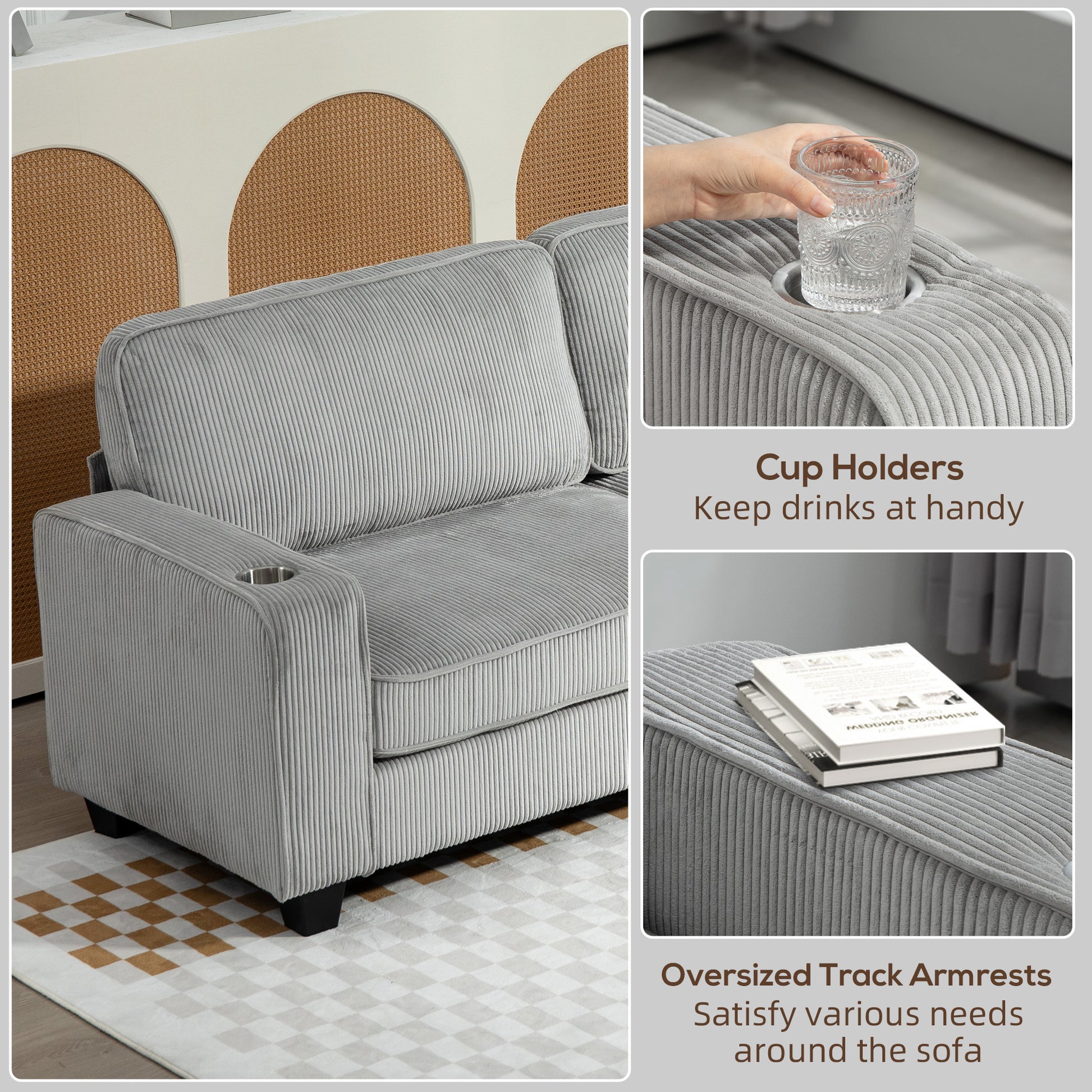 HOMCOM Light Grey 3-Seater Fabric Sofa: Spring Cushions, Cup Holders