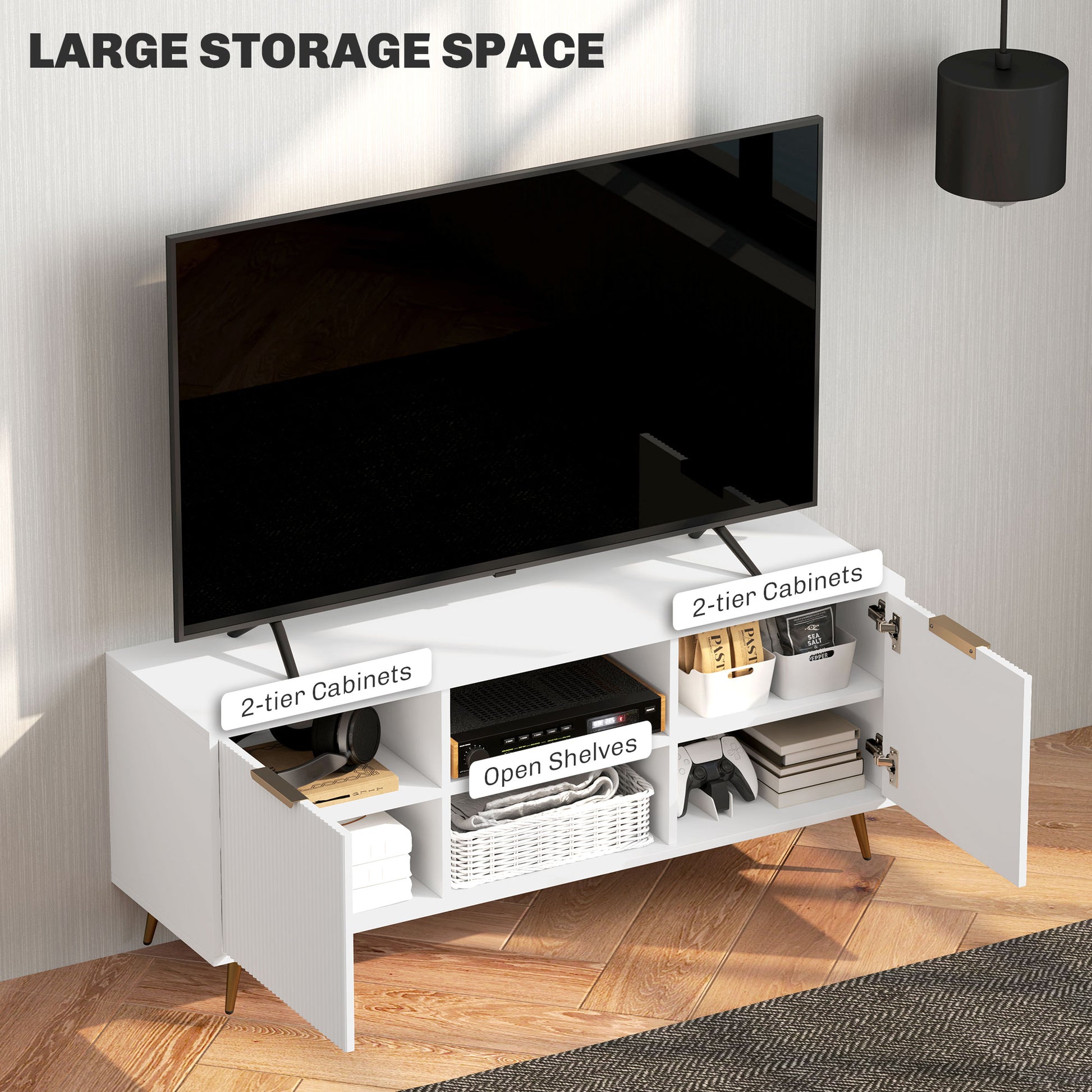 Modern White TV Stand for 55-inch TVs with Storage Cabinets & Open Shelves