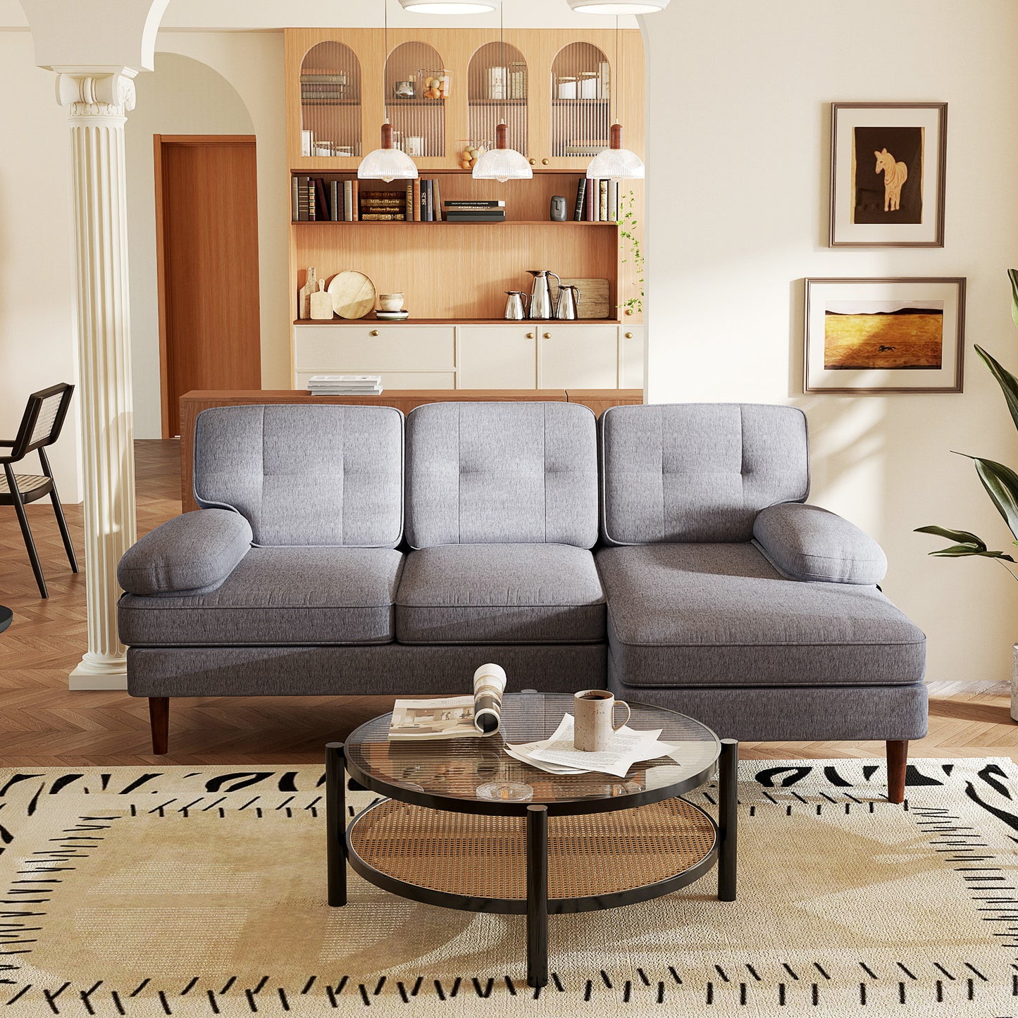 HOMCOM Modern Grey Tufted L-Shape Corner Sofa with Right Chaise Lounge