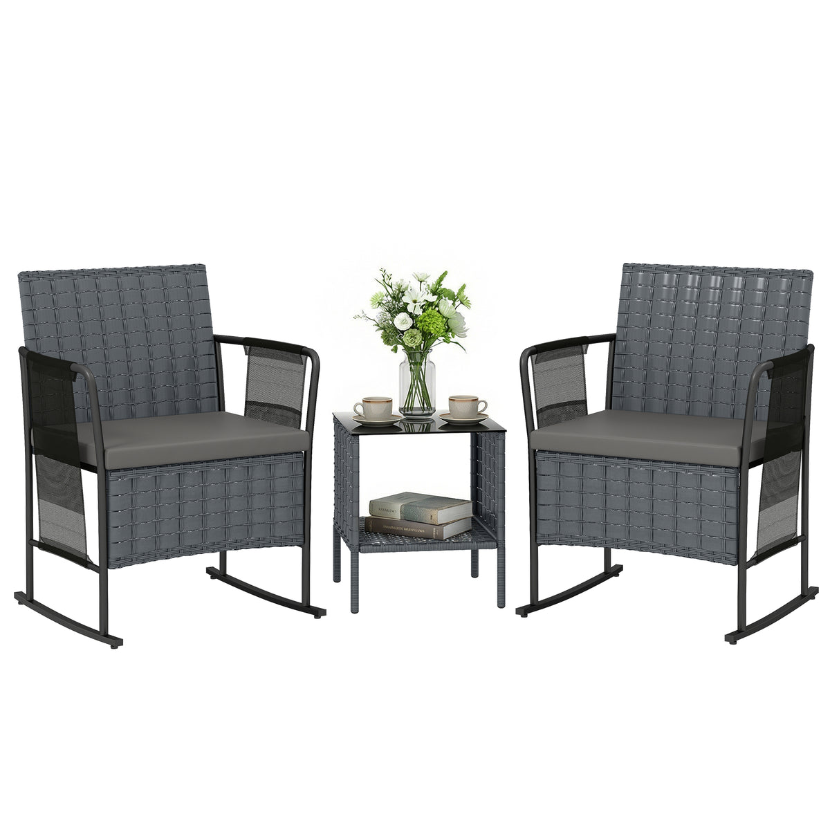 3 Pieces Rocking Bistro Set Outdoor Patio Furniture Set with Side Pockets, Mesh Seat, Cushions, 2-Tier Table