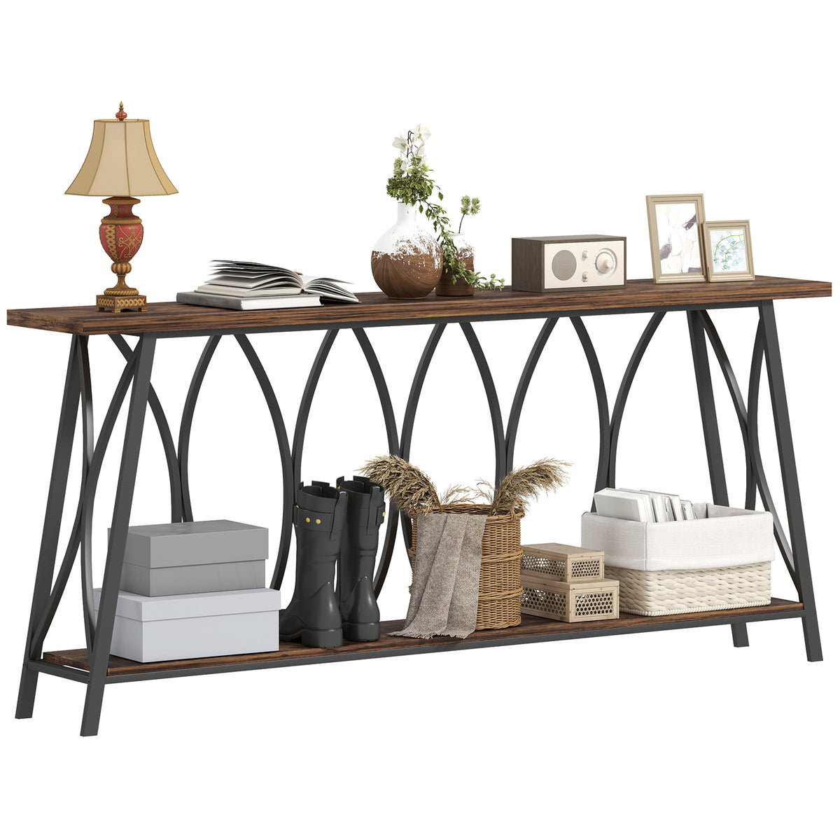 71" Industrial 2-Tier Console Table with Metal Frame