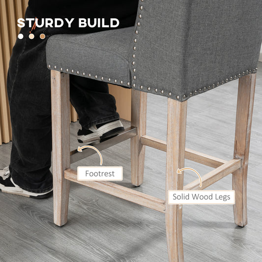 HOMCOM 2-Piece Grey Upholstered Counter Height Bar Stools, Nailhead Backrest