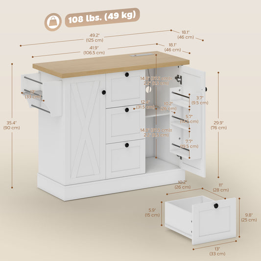Farmhouse Kitchen Island Cart with Power Outlet and Soft-Close Doors – 49"W x 35"H