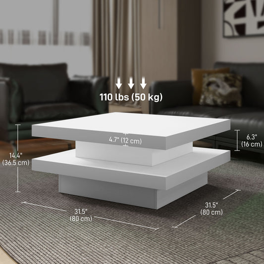 Modern Square Coffee Table with RGB LED Lights, Remote Control, 2-Tier Storage, White