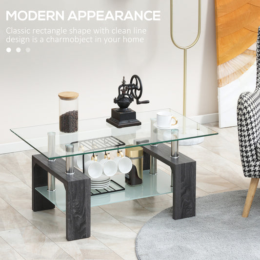 Rectangle Glass-Top Coffee Table with Storage Shelf, Grey