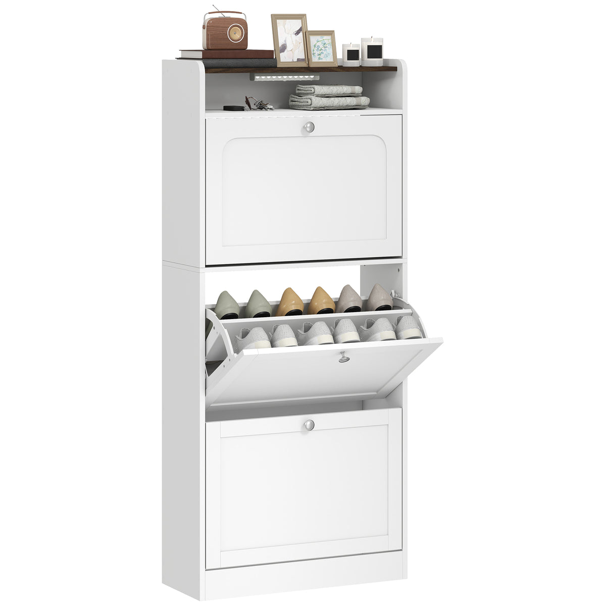 Shoe Cabinet with 3 Flip Drawers and Sensor Light – 24"W x 54"H
