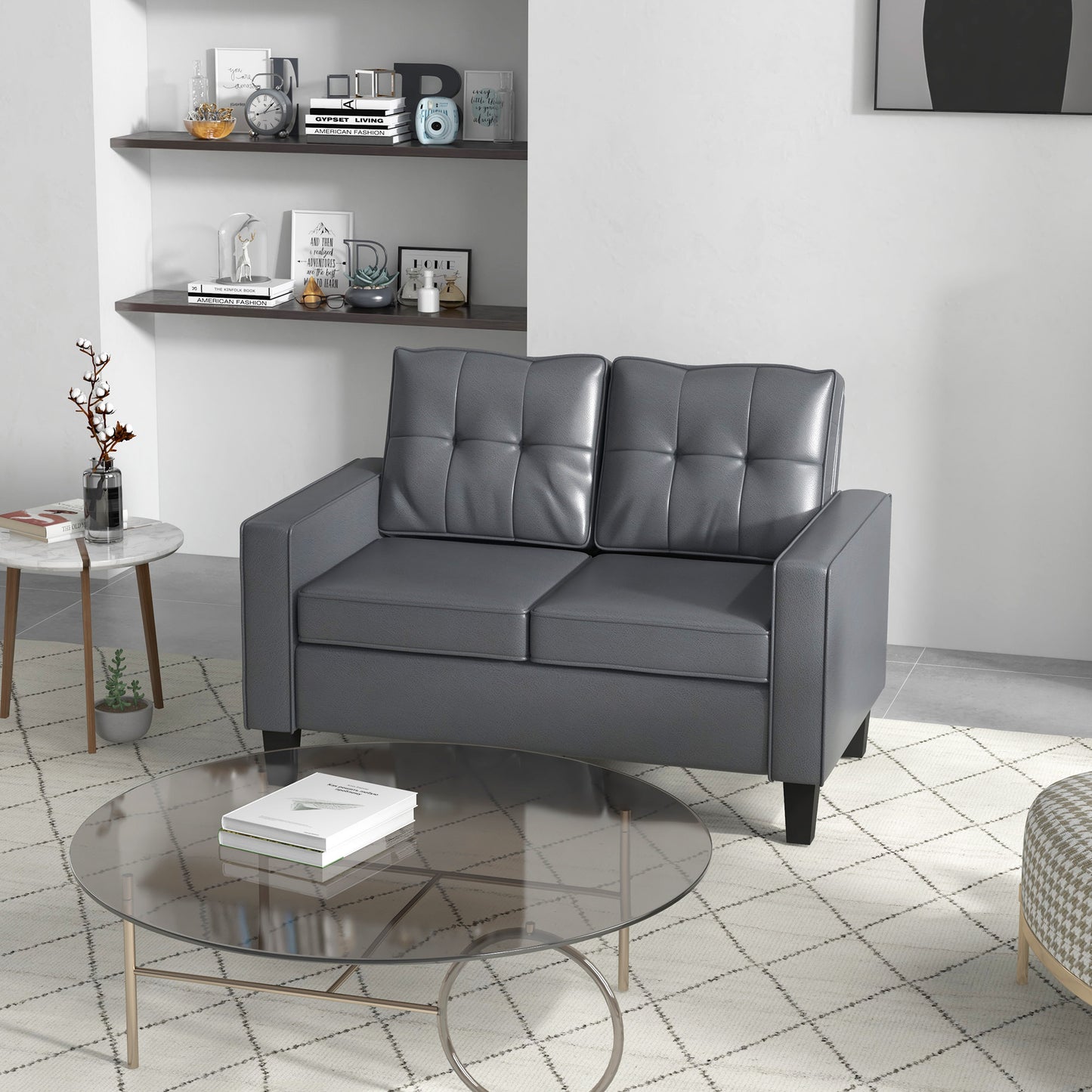 HOMCOM 51" Grey PU Leather Loveseat Sofa, Tufted Back, Pocket Spring
