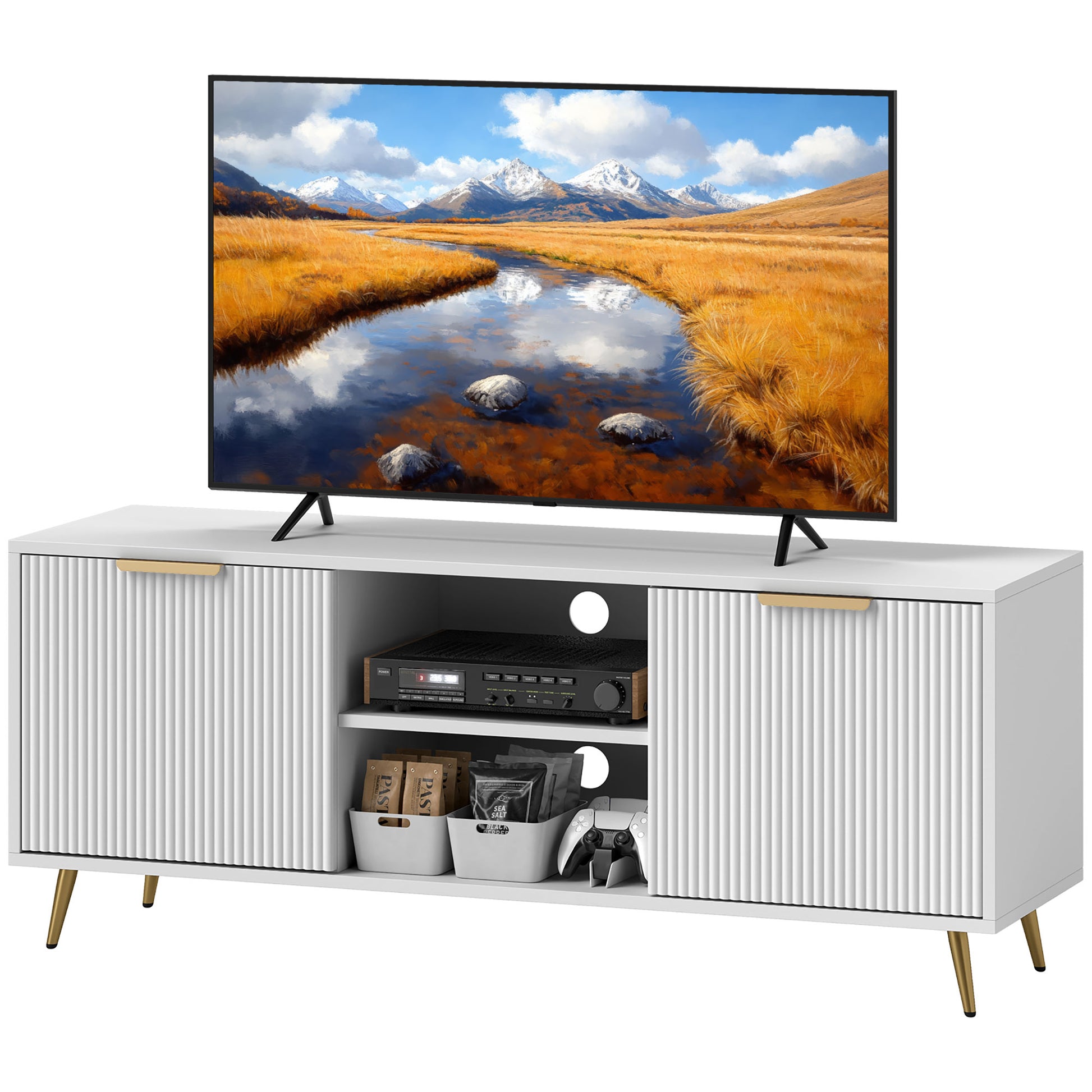 Modern White TV Stand for 55-inch TVs with Storage Cabinets & Open Shelves