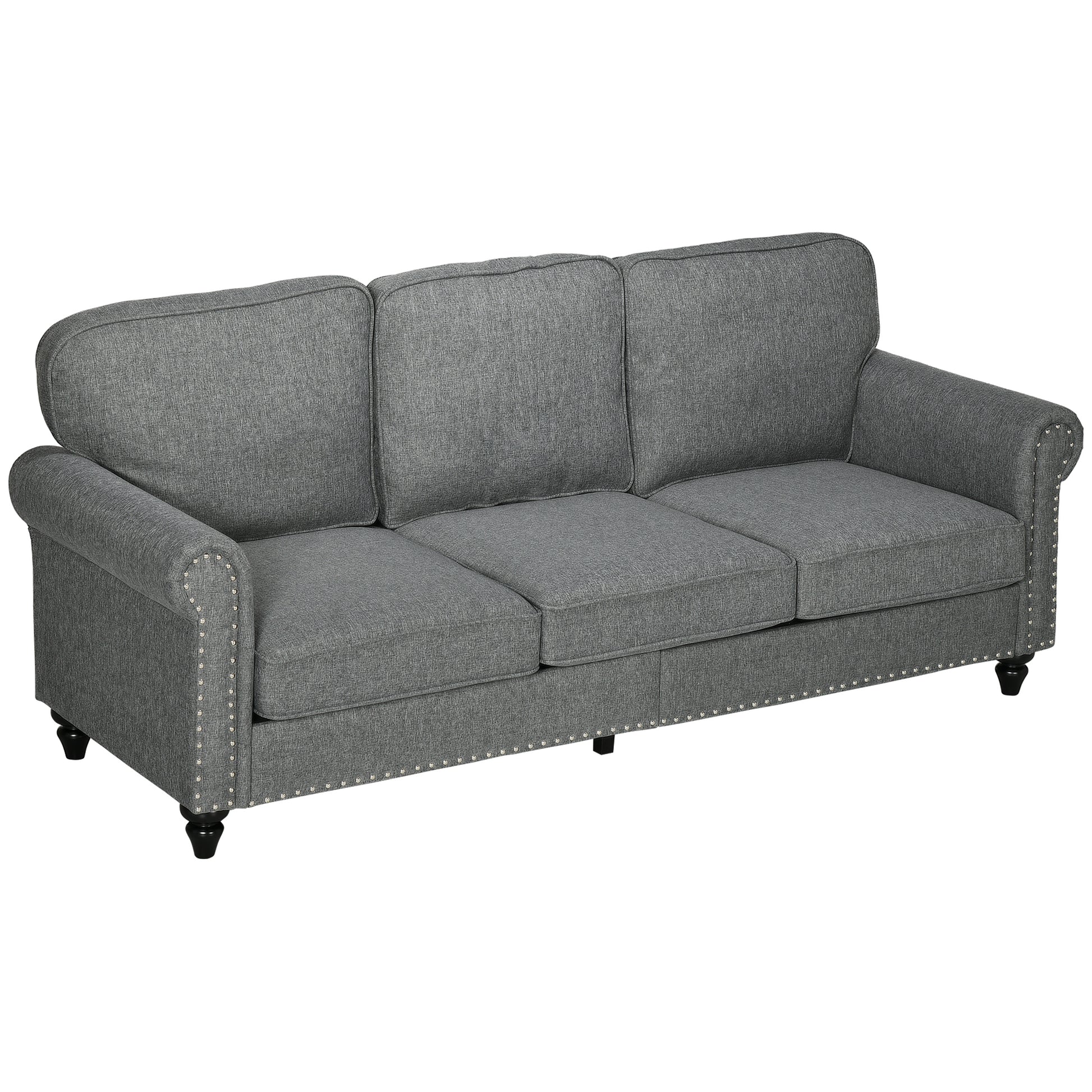 Modern Grey Linen Fabric 3-Seater Sofa Couch with Studded Trim & Rolled Arms