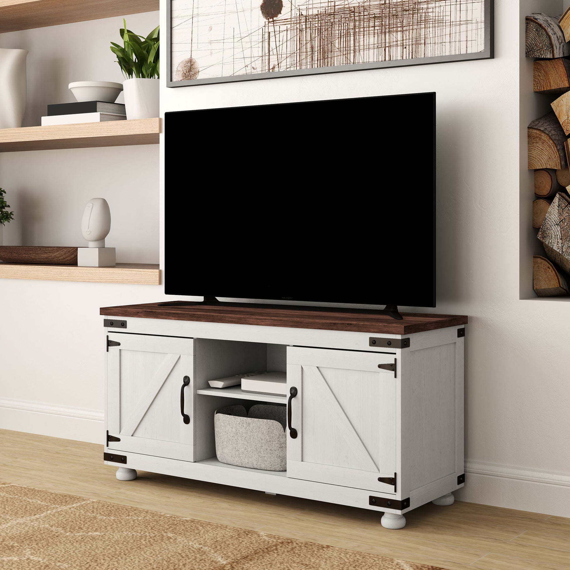 Modern Farmhouse 50-inch TV Stand with Barn Doors, Cable Management, Distressed White