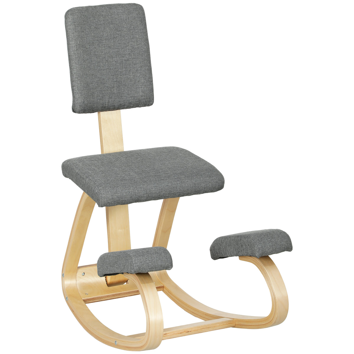 Ergonomic Kneeling Chair, Rocking Wood Kneel Stool with Backrest for Improved Posture, Grey